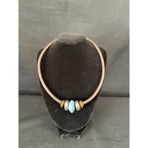 Creare Vintage Artisan Leather Sterling Silver Boho Necklace 18” Turquoise